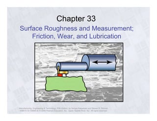Chapter 33 
Surface Roughness and Measurement; 
Friction, Wear, and Lubrication 
Manufacturing, Engineering & Technology, Fifth Edition, by Serope Kalpakjian and Steven R. Schmid. 
ISBN 0-13-148965-8. © 2006 Pearson Education, Inc., Upper Saddle River, NJ. All rights reserved. 
 