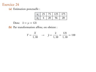 Exercice 24
    (a) Estimation ponctuelle :
                            xi    25   75   125   175
                            ni    4    20    56    20
        Donc    x = µ = 121
    (b) Par transformation afﬁne, on obtient :

                          X                   x    121
                   Y =            →    y=        =      = 110
                         1, 10              1, 10 1, 10
 