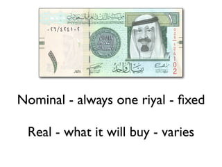 Nominal - always one riyal - ﬁxed
Real - what it will buy - varies
 