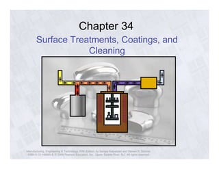 Chapter 34 
Surface Treatments, Coatings, and 
Cleaning 
Manufacturing, Engineering & Technology, Fifth Edition, by Serope Kalpakjian and Steven R. Schmid. 
ISBN 0-13-148965-8. © 2006 Pearson Education, Inc., Upper Saddle River, NJ. All rights reserved. 
 