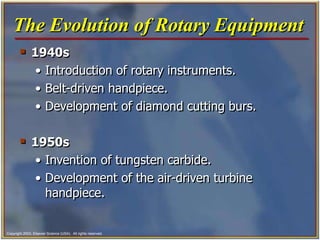 Copyright 2003, Elsevier Science (USA). All rights reserved.
 1940s
• Introduction of rotary instruments.
• Belt-driven handpiece.
• Development of diamond cutting burs.
 1950s
• Invention of tungsten carbide.
• Development of the air-driven turbine
handpiece.
The Evolution of Rotary Equipment
 