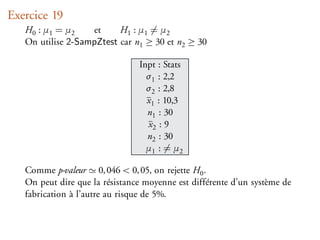 Exercice 19
   H0 : µ1 = µ2    et     H1 : µ1 = µ2
   On utilise 2-SampZtest car n1 ≥ 30 et n2 ≥ 30

                                Inpt : Stats
                                  σ1 : 2,2
                                  σ2 : 2,8
                                  x 1 : 10,3
                                  n1 : 30
                                  x2 : 9
                                  n2 : 30
                                  µ1 : = µ2

   Comme p-valeur 0, 046 < 0, 05, on rejette H0 .
   On peut dire que la résistance moyenne est différente d’un système de
   fabrication à l’autre au risque de 5%.
 