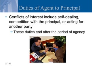 Duties of Agent to Principal
v   Conflicts of interest include self-dealing,
    competition with the principal, or acting for
    another party
      w These   duties end after the period of agency




35 - 12
 