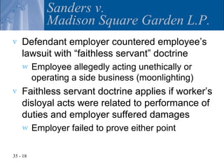 Sanders v.
             Madison Square Garden L.P.
v   Defendant employer countered employee’s
    lawsuit with “faithless servant” doctrine
    w     Employee allegedly acting unethically or
          operating a side business (moonlighting)
v   Faithless servant doctrine applies if worker’s
    disloyal acts were related to performance of
    duties and employer suffered damages
    w     Employer failed to prove either point

35 - 18
 