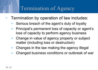 Termination of Agency
v     Termination by operation of law includes:
      w   Serious breach of the agent’s duty of loyalty
      w   Principal’s permanent loss of capacity or agent’s
          loss of capacity to perform agency business
      w   Change in value of agency property or subject
          matter (including loss or destruction)
      w   Changes in the law making the agency illegal
      w   Changed business conditions or outbreak of war


35 - 21
 