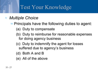 Test Your Knowledge
v   Multiple Choice
     w Principals   have the following duties to agent:
          (a) Duty to compensate
          (b) Duty to reimburse for reasonable expenses
            for doing agency business
          (c) Duty to indemnify the agent for losses
            suffered due to agency’s business
          (d) Both A and B
          (e) All of the above

35 - 27
 