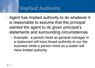Implied Authority
v   Agent has implied authority to do whatever it
    is reasonable to assume that the principal
    wanted the agent to do given principal’s
    statements and surrounding circumstances
     w   Example: a person hired as general manager in
         a restaurant will have broad authority to run the
         business while a person hired as a waiter will
         have limited authority



35 - 7
 