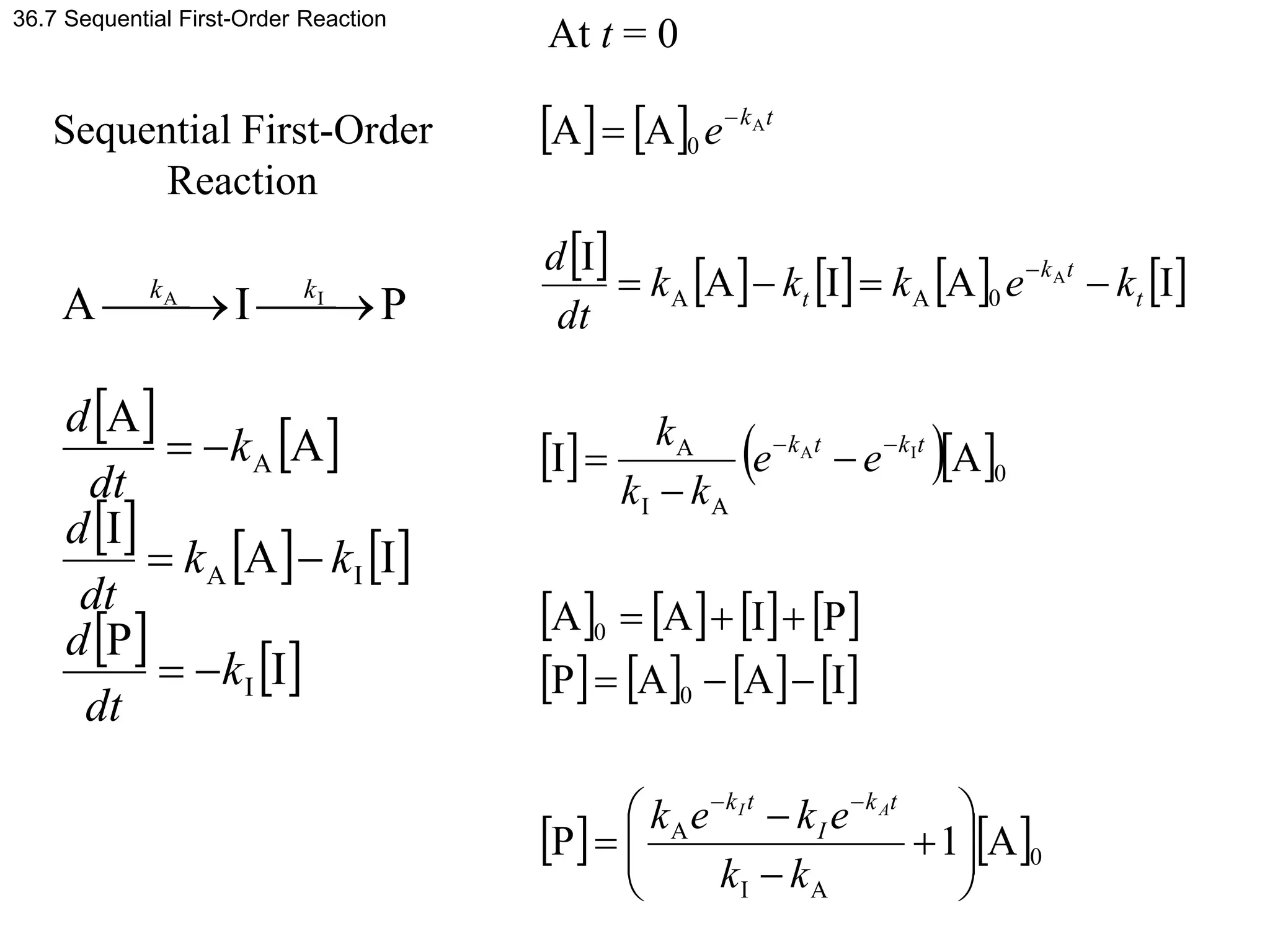 36.7 Sequential First-Order Reaction
   
     
   
I
P
I
A
I
A
A
P
I
A
I
I
A
A
I
A
k
dt
d
k
k
dt
d
k
dt
d
k
k










At t = 0
   
         
    
       
       
   0
A
I
A
0
0
0
A
I
A
0
A
A
0
A
1
P
I
A
A
P
P
I
A
A
A
I
I
A
I
A
I
A
A
I
A
A
A
































k
k
e
k
e
k
e
e
k
k
k
k
e
k
k
k
dt
d
e
t
k
I
t
k
t
k
t
k
t
t
k
t
t
k
A
I
Sequential First-Order
Reaction
 