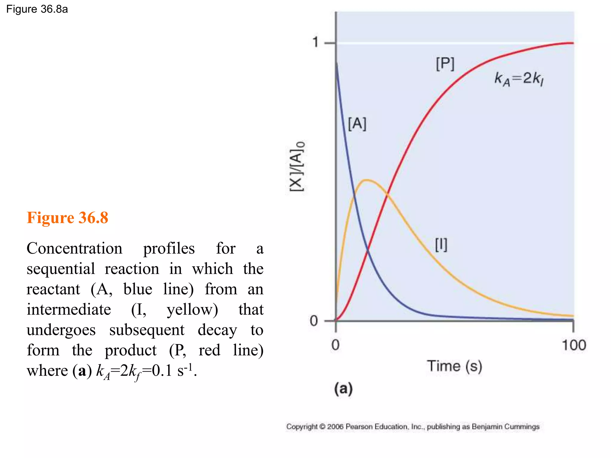 Figure 36.8a
Figure 36.8
Concentration profiles for a
sequential reaction in which the
reactant (A, blue line) from an
intermediate (I, yellow) that
undergoes subsequent decay to
form the product (P, red line)
where (a) kA=2kf =0.1 s-1.
 