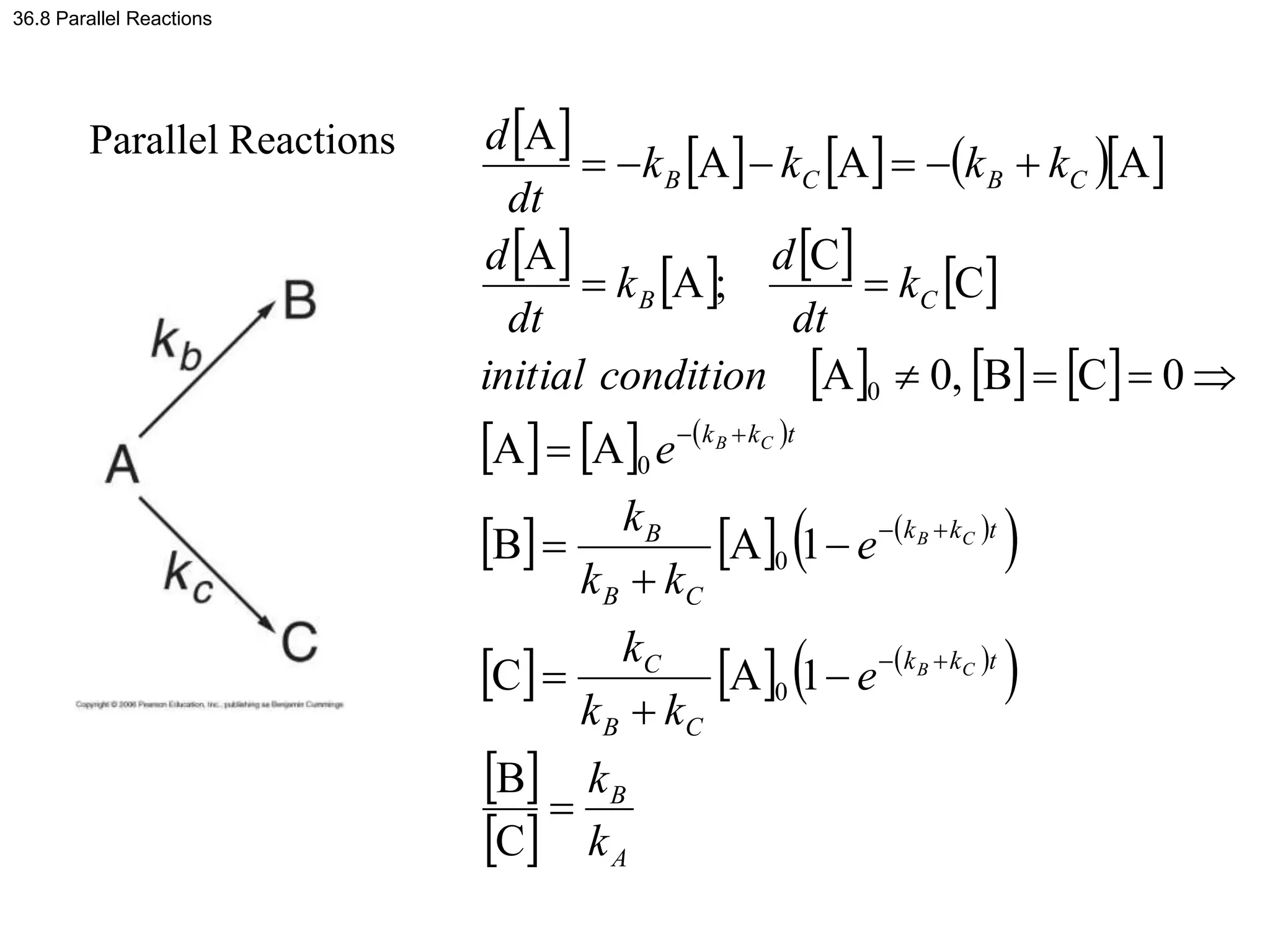 36.8 Parallel Reactions
Parallel Reactions         
       
     
     
     
 
     
 
 
  A
B
t
k
k
C
B
C
t
k
k
C
B
B
t
k
k
C
B
C
B
C
B
k
k
e
k
k
k
e
k
k
k
e
condition
initial
k
dt
d
k
dt
d
k
k
k
k
dt
d
C
B
C
B
C
B


























C
B
1
A
C
1
A
B
A
A
0
C
B
,
0
A
C
C
;
A
A
A
A
A
A
0
0
0
0
 