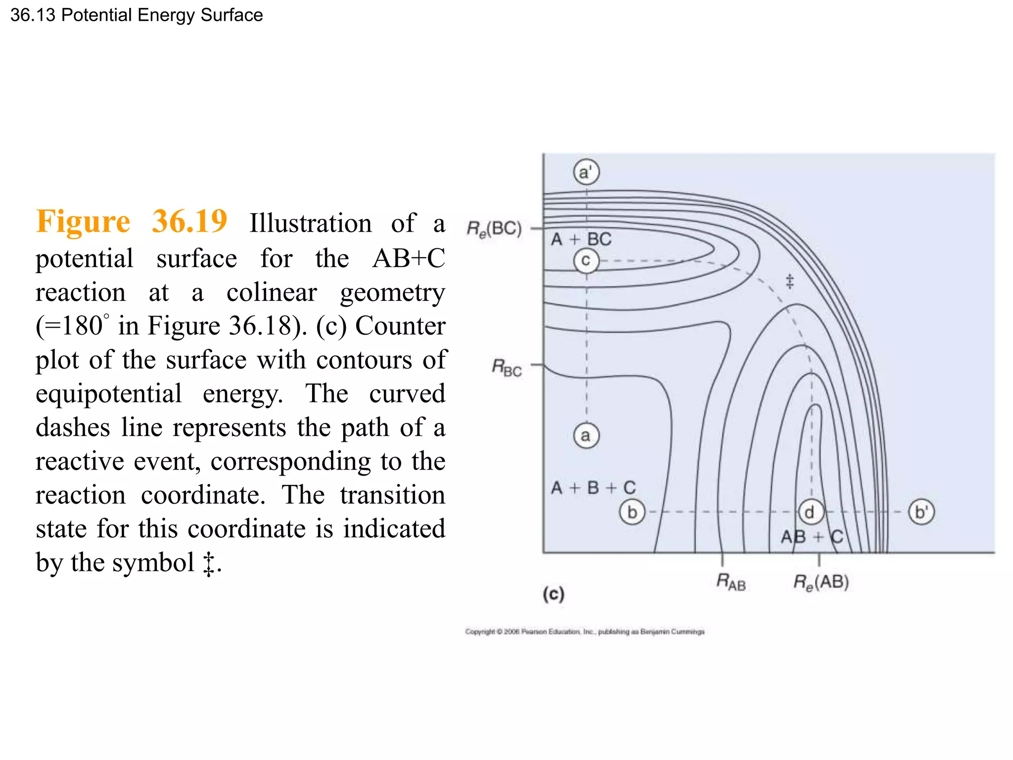 36.13 Potential Energy Surface
Figure 36.19 Illustration of a
potential surface for the AB+C
reaction at a colinear geometry
(=180° in Figure 36.18). (c) Counter
plot of the surface with contours of
equipotential energy. The curved
dashes line represents the path of a
reactive event, corresponding to the
reaction coordinate. The transition
state for this coordinate is indicated
by the symbol ‡.
 