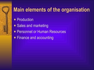 Main elements of the organisation Production Sales and marketing Personnel or Human Resources Finance and accounting 