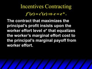 Incentives Contracting
.
*
)
(
)
( e
e
e
c
e
f 




The contract that maximizes the
principal’s profit insists upon the
worker effort level e* that equalizes
the worker’s marginal effort cost to
the principal’s marginal payoff from
worker effort.
 