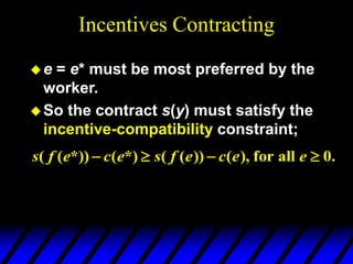 Incentives Contracting
e = e* must be most preferred by the
worker.
So the contract s(y) must satisfy the
incentive-compatibility constraint;
.
0
all
for
),
(
))
(
(
*)
(
*))
(
( 


 e
e
c
e
f
s
e
c
e
f
s
 