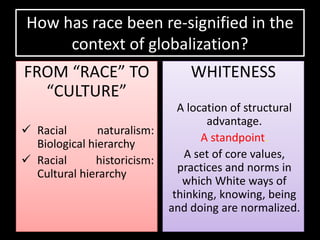 How has race been re-signified in the
      context of globalization?
FROM “RACE” TO                   WHITENESS
  “CULTURE”
                               A location of structural
                                     advantage.
 Racial       naturalism:
                                    A standpoint.
  Biological hierarchy
                                A set of core values,
 Racial      historicism:
                               practices and norms in
  Cultural hierarchy
                                which White ways of
                              thinking, knowing, being
                             and doing are normalized.
 