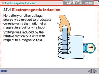 37 Electromagnetic Induction
No battery or other voltage
source was needed to produce a
current—only the motion of a
magnet in a coil or wire loop.
Voltage was induced by the
relative motion of a wire with
respect to a magnetic field.
37.1 Electromagnetic Induction
 