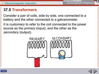 37 Electromagnetic Induction
Consider a pair of coils, side by side, one connected to a
battery and the other connected to a galvanometer.
It is customary to refer to the coil connected to the power
source as the primary (input), and the other as the
secondary (output).
37.5 Transformers
 