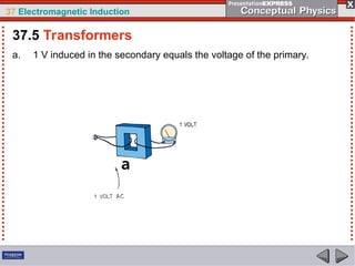 37 Electromagnetic Induction
a. 1 V induced in the secondary equals the voltage of the primary.
37.5 Transformers
 