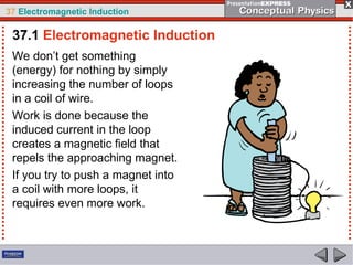 37 Electromagnetic Induction
We don’t get something
(energy) for nothing by simply
increasing the number of loops
in a coil of wire.
Work is done because the
induced current in the loop
creates a magnetic field that
repels the approaching magnet.
If you try to push a magnet into
a coil with more loops, it
requires even more work.
37.1 Electromagnetic Induction
 