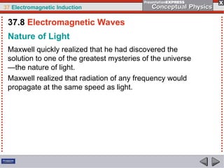 37 Electromagnetic Induction
Nature of Light
Maxwell quickly realized that he had discovered the
solution to one of the greatest mysteries of the universe
—the nature of light.
Maxwell realized that radiation of any frequency would
propagate at the same speed as light.
37.8 Electromagnetic Waves
 