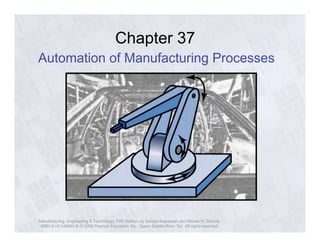 Chapter 37 
Automation of Manufacturing Processes 
Manufacturing, Engineering & Technology, Fifth Edition, by Serope Kalpakjian and Steven R. Schmid. 
ISBN 0-13-148965-8. © 2006 Pearson Education, Inc., Upper Saddle River, NJ. All rights reserved. 
 