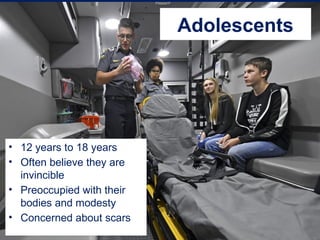 Adolescents
• 12 years to 18 years
• Often believe they are
invincible
• Preoccupied with their
bodies and modesty
• Concerned about scars
 