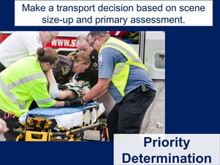 Make a transport decision based on scene
size-up and primary assessment.
Priority
Determination
 