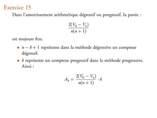 Exercice 15
   Dans l’amortissement arithmétique dégressif ou progressif, la partie :

                                 2(V0 − Vn )
                                  n(n + 1)
   est toujours ﬁxe.
     • n − k + 1 représente dans la méthode dégressive un compteur
       dégressif.
     • k représente un compteur progressif dans la méthode progressive.
       Ainsi :

                                      2(V0 − Vn )
                               Ak =               ·k
                                       n(n + 1)
 
