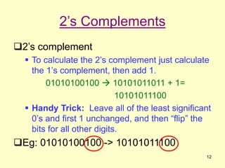 12
2’s Complements
2’s complement
 To calculate the 2’s complement just calculate
the 1’s complement, then add 1.
010101...