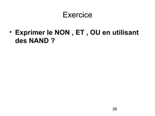 28
Exercice
• Exprimer le NON , ET , OU en utilisant
des NAND ?
 