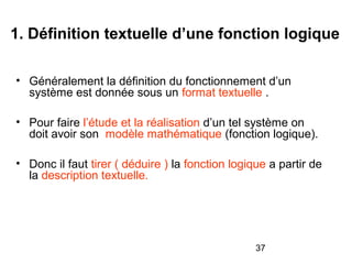 37
1. Définition textuelle d’une fonction logique
• Généralement la définition du fonctionnement d’un
système est donnée sous un format textuelle .
• Pour faire l’étude et la réalisation d’un tel système on
doit avoir son modèle mathématique (fonction logique).
• Donc il faut tirer ( déduire ) la fonction logique a partir de
la description textuelle.
 