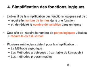 56
4. Simplification des fonctions logiques
• L’objectif de la simplification des fonctions logiques est de :
– réduire le nombre de termes dans une fonction
– et de réduire le nombre de variables dans un terme
• Cela afin de réduire le nombre de portes logiques utilisées
 réduire le coût du circuit
• Plusieurs méthodes existent pour la simplification :
– La Méthode algébrique
– Les Méthodes graphiques : ( ex : table de karnaugh )
– Les méthodes programmables
 