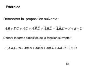 63
Exercice
ABCDDABCDCABCDBABCDADCBAF ++++=),,,(
Démontrer la proposition suivante :
Donner la forme simplifiée de la fonction suivante :
CBACBACBACBACACBBA ++=+++++ .........
 