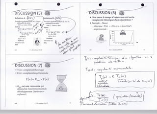 DISCUSSION (5)                                                                                 -DISCUSSION (6)
                 r^-~- ——-n A - D(N2)y                                    jSolution B -fb(N))   • lien entre le temps d'exécution réeï est la
                                                                                                      complexité théorique d'un algorithme ?
Procédure prefixMoyenA( In X, Out A : I Procédure prefixMoyenB( In X, Out A
   tableau[N] de réels)            i      tableau[N] de réels)                                     * Exemple - Hanoï
    VAR i, j, : entier; S: Réel , ^f        VAR i, j, : entier; S: Réel
Début                                                                                                 « théorique : T(n) = 2 T(n-i) + c; donc O(2n)
                                        Début
    Pour i djî :i à N faire I                                                                         • expérimentale :
                                                      Pour i du i à N faire                                                 3500 -
      Pour j dei à i faire 5^ j                                                                                             2000 -
         S <-S + X[j]                                    S «-S + X[j]
                                                                                                                            1SOO -
      FiiiPour                                          A[i] *- S / i
                                                                                                                            1000
                                                      FinPour
                                                                                                                             500
    FinPour                                       retourner (A)
retourner (A)                                     FIN.                                                                         0 --
                                                                                                                                      1   4   7   10 13 16 19 22 25 2fl 31 34
FIN.                                                                                                                                                  M (tt disks)




                      • L. B. Romdhane; FSM.TN                                                                           | L. B. Romdhane; FSM.TN




DISCUSSION (7)
  T(n) : complexité théorique
  E(n) : complexité expérimentale




• Kemest une constante qui
  dépend de l'environnement de
  développement (hardware +
  software)


                              C L. B. RnraiJliaiie; l'SM.TN                   L43
 
