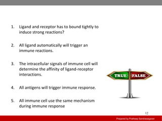Prepared by Pratheep Sandrasaigaran
12
1. Ligand and receptor has to bound tightly to
induce strong reactions?
2. All ligand automatically will trigger an
immune reactions.
3. The intracellular signals of immune cell will
determine the affinity of ligand-receptor
interactions.
4. All antigens will trigger immune response.
5. All immune cell use the same mechanism
during immune response
 