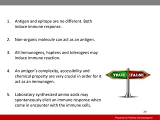 Prepared by Pratheep Sandrasaigaran
29
1. Antigen and epitope are no different. Both
induce immune response.
2. Non-organic molecule can act as an antigen.
3. All Immunogens, haptens and tolerogens may
induce immune reaction.
4. An antigen’s complexity, accessibility and
chemical property are very crucial in order for it
act as an immunogen.
5. Laboratory synthesized amino acids may
spontaneously elicit an immune response when
come in encounter with the immune cells.
 