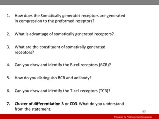 Prepared by Pratheep Sandrasaigaran
63
1. How does the Somatically generated receptors are generated
in compression to the preformed receptors?
2. What is advantage of somatically generated receptors?
3. What are the constituent of somatically generated
receptors?
4. Can you draw and identify the B-cell receptors (BCR)?
5. How do you distinguish BCR and antibody?
6. Can you draw and identify the T-cell receptors (TCR)?
7. Cluster of differentiation 3 or CD3. What do you understand
from the statement.
 