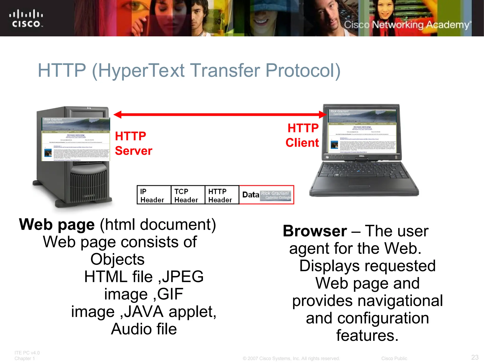 ITE PC v4.0
Chapter 1 23
© 2007 Cisco Systems, Inc. All rights reserved. Cisco Public
HTTP (HyperText Transfer Protocol)
HTTP
Server
HTTP
Client
Web page (html document)
Web page consists of
Objects
HTML file ,JPEG
image ,GIF
image ,JAVA applet,
Audio file
Browser – The user
agent for the Web.
Displays requested
Web page and
provides navigational
and configuration
features.
 