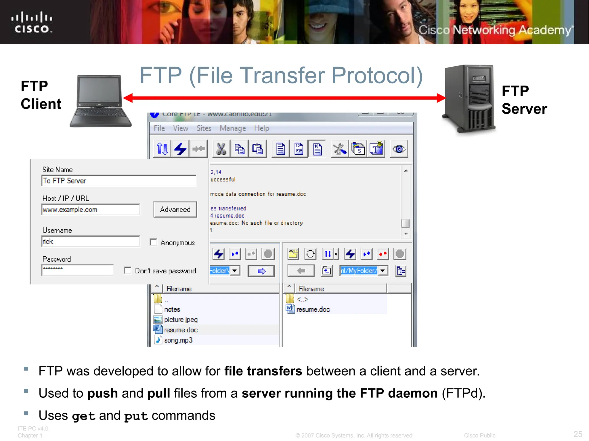 ITE PC v4.0
Chapter 1 25
© 2007 Cisco Systems, Inc. All rights reserved. Cisco Public
FTP (File Transfer Protocol)
 FTP was developed to allow for file transfers between a client and a server.
 Used to push and pull files from a server running the FTP daemon (FTPd).
 Uses get and put commands
FTP
Client
FTP
Server
 