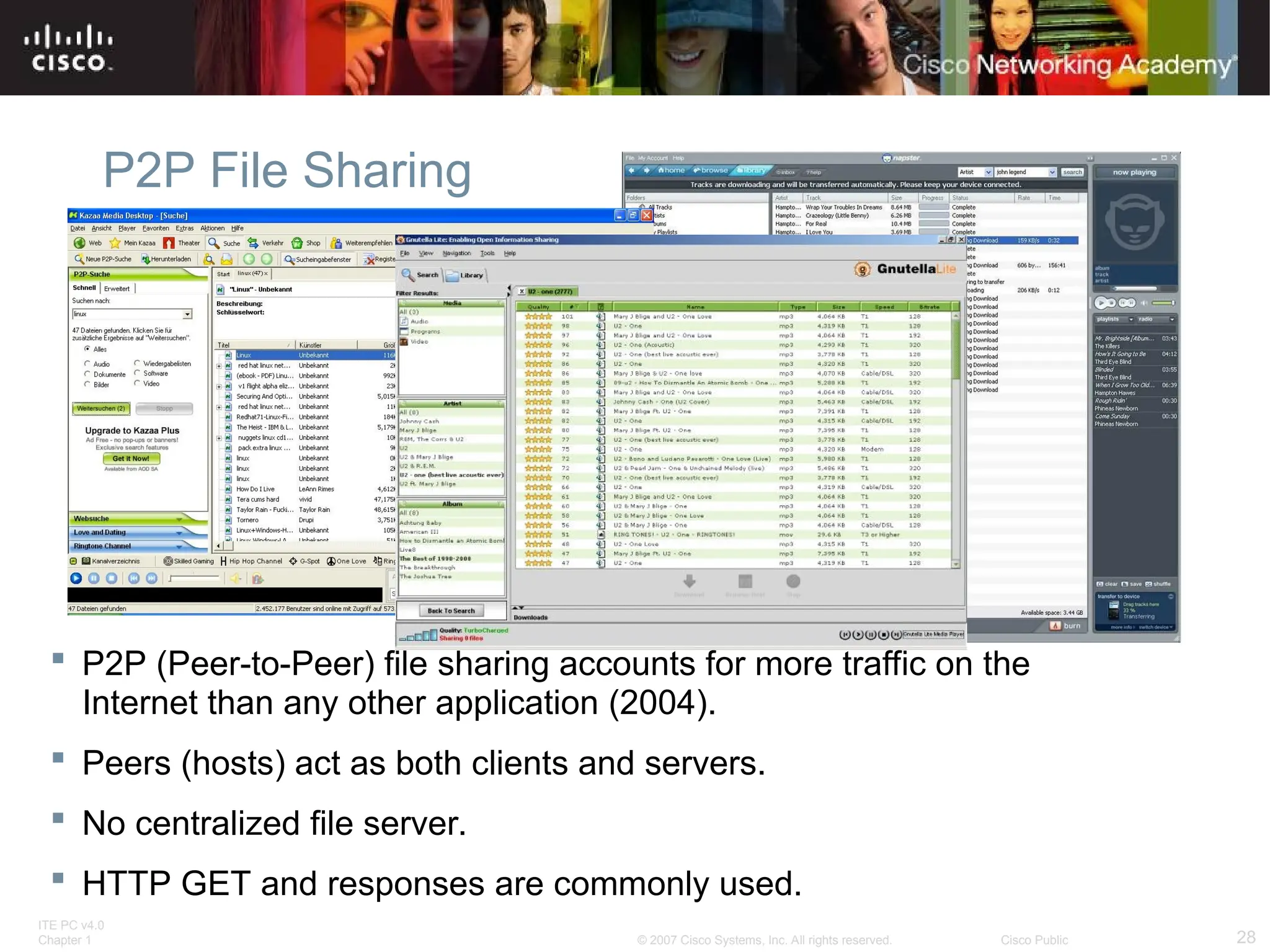 ITE PC v4.0
Chapter 1 28
© 2007 Cisco Systems, Inc. All rights reserved. Cisco Public
P2P File Sharing
 P2P (Peer-to-Peer) file sharing accounts for more traffic on the
Internet than any other application (2004).
 Peers (hosts) act as both clients and servers.
 No centralized file server.
 HTTP GET and responses are commonly used.
 