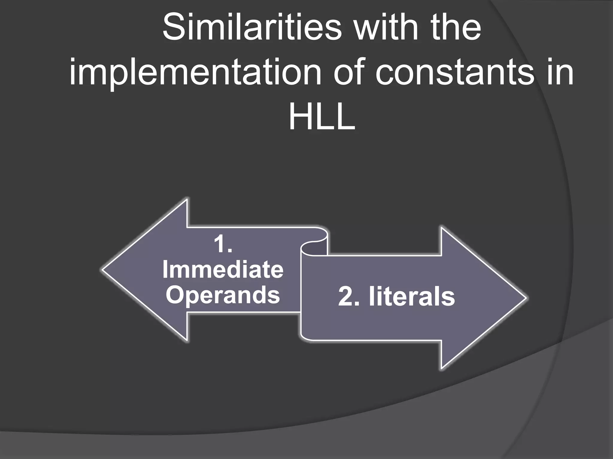 Similarities with the
implementation of constants in
HLL
1.
Immediate
Operands 2. literals
 