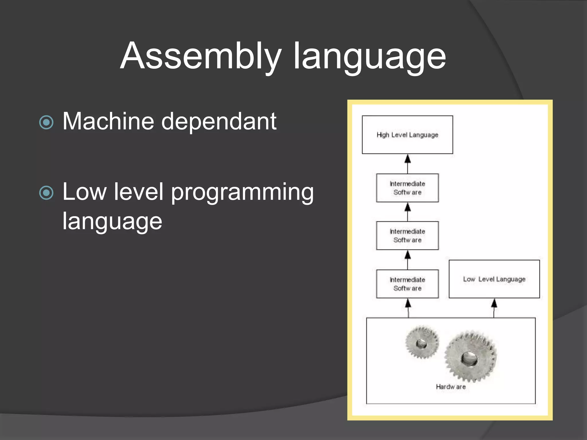 Assembly language
 Machine dependant
 Low level programming
language
 