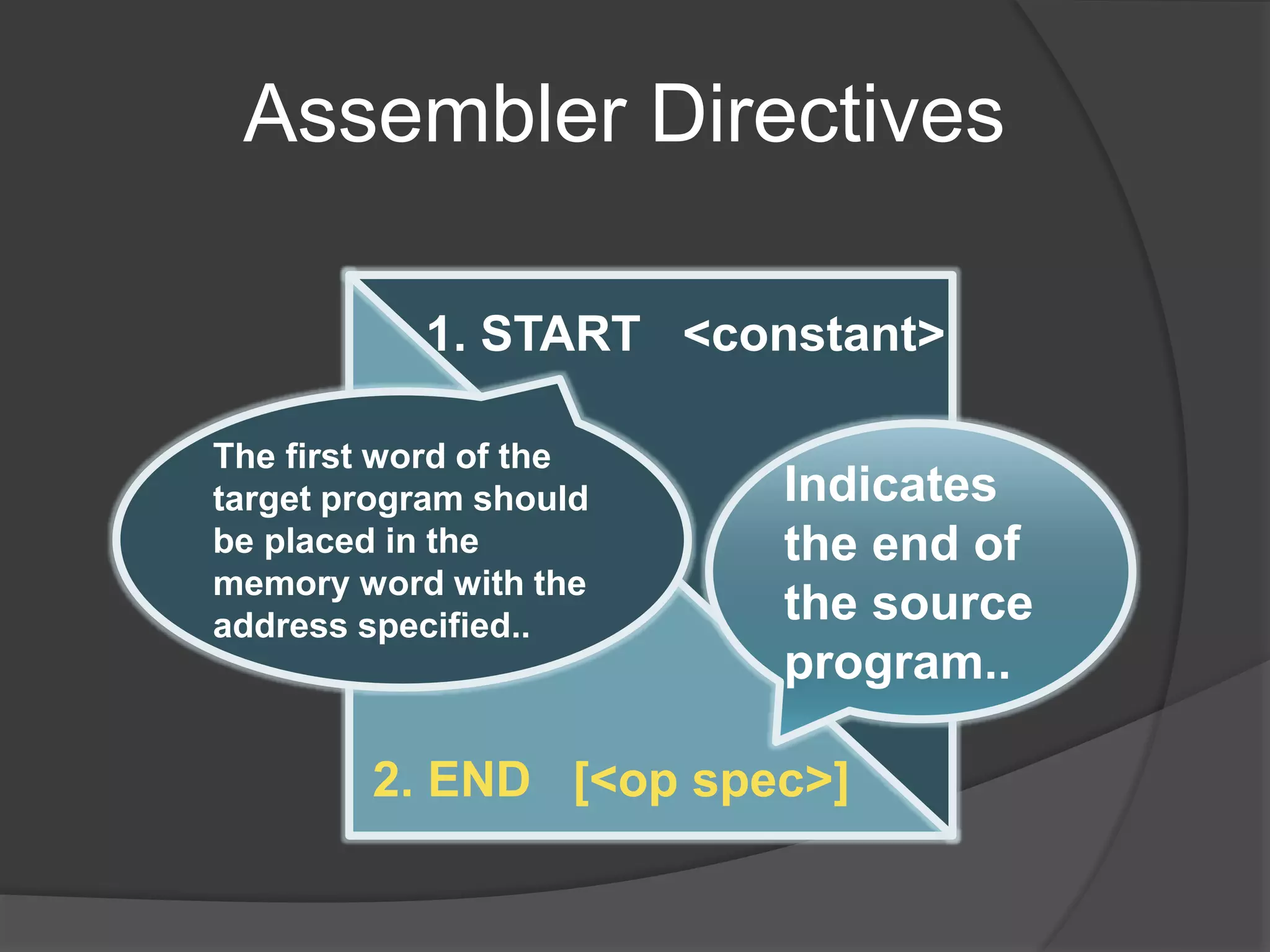 Assembler Directives
1. START <constant>
2. END [<op spec>]
The first word of the
target program should
be placed in the
memory word with the
address specified..
Indicates
the end of
the source
program..
 