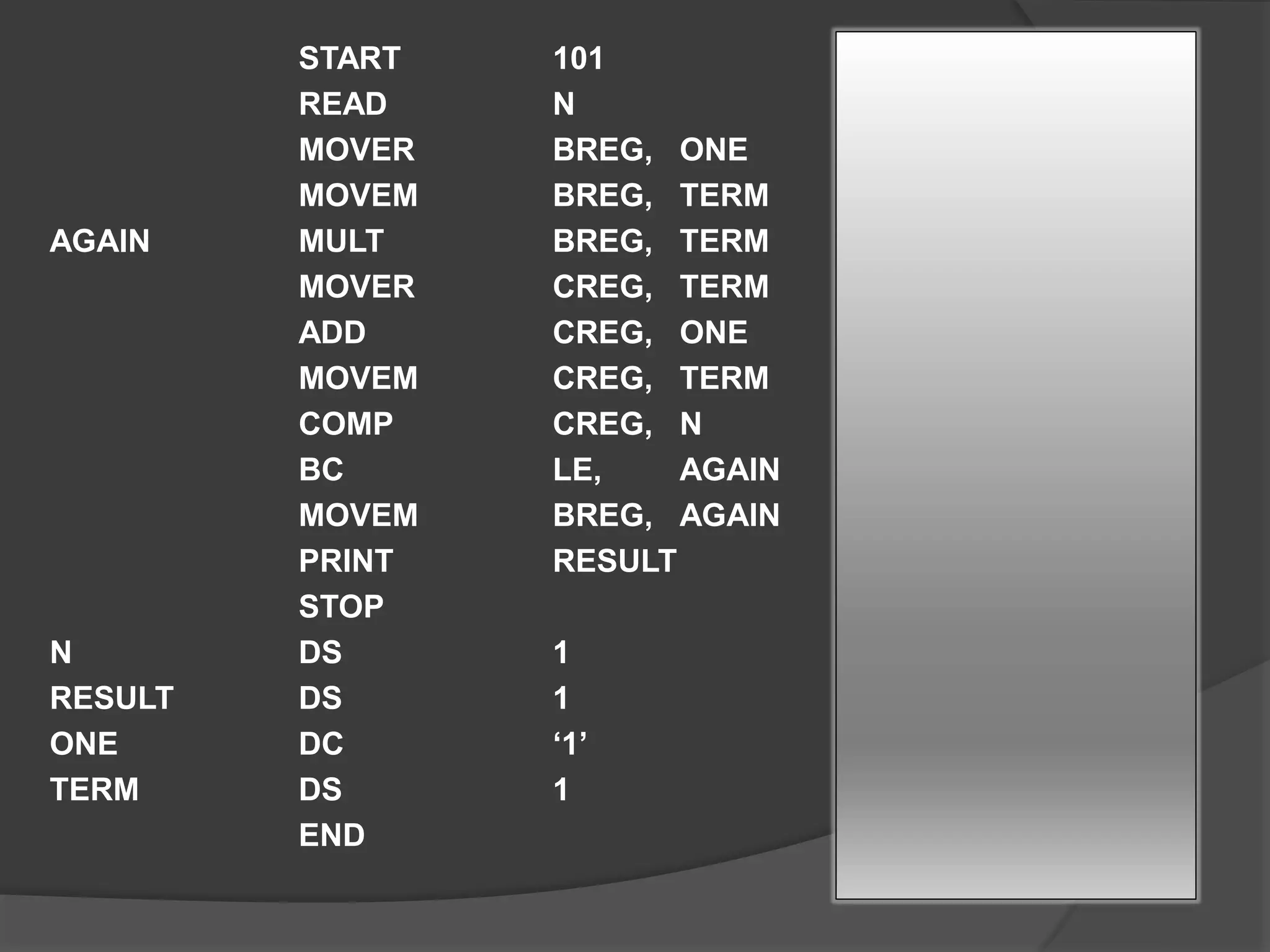 START 101
READ N
MOVER BREG, ONE
MOVEM BREG, TERM
AGAIN MULT BREG, TERM
MOVER CREG, TERM
ADD CREG, ONE
MOVEM CREG, TERM
COMP CREG, N
BC LE, AGAIN
MOVEM BREG, AGAIN
PRINT RESULT
STOP
N DS 1
RESULT DS 1
ONE DC ‘1’
TERM DS 1
END
101) + 09 0 113
102) + 04 2 115
103) + 05 2 116
104) + 03 2 116
105) + 04 3 116
106) + 01 3 115
107) + 05 3 116
108) + 06 3 113
109) + 07 2 104
110) + 05 2 114
111) + 10 0 114
112) + 00 0 000
113)
114)
115) + 00 0 001
116)
 