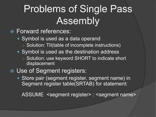 Problems of Single Pass
Assembly
 Forward references:
 Symbol is used as a data operand
○ Solution: TII(table of incomplete instructions)
 Symbol is used as the destination address
○ Solution: use keyword SHORT to indicate short
displacement
 Use of Segment registers:
 Store pair (segment register, segment name) in
Segment register table(SRTAB) for statement:
ASSUME <segment register> : <segment name>
 