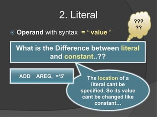 2. Literal
 Operand with syntax = ‘ value ’
What is the Difference between literal
and constant..??
???
??
The location of a
literal cant be
specified. So its value
cant be changed like
constant…
ADD AREG, =‘5’
 