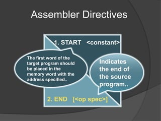 Assembler Directives
1. START <constant>
2. END [<op spec>]
The first word of the
target program should
be placed in the
memory word with the
address specified..
Indicates
the end of
the source
program..
 