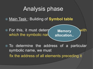 Analysis phase
 Main Task : Building of Symbol table
 For this, it must determine the address with
which the symbolic names are associated
 To determine the address of a particular
symbolic name, we must
fix the address of all elements preceding it
Memory
allocation..
 