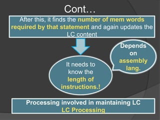 Cont…
After this, it finds the number of mem words
required by that statement and again updates the
LC content
It needs to
know the
length of
instructions.!
Depends
on
assembly
lang.
Processing involved in maintaining LC
LC Processing
 