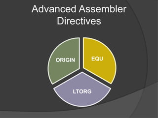 Advanced Assembler
Directives
EQU
LTORG
ORIGIN
 